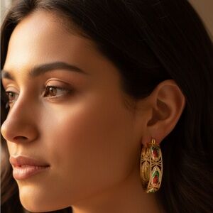 Virgin of Guadalupe Hoop Earrings 14K Gold Plated Tricolor Design 3.5 cm